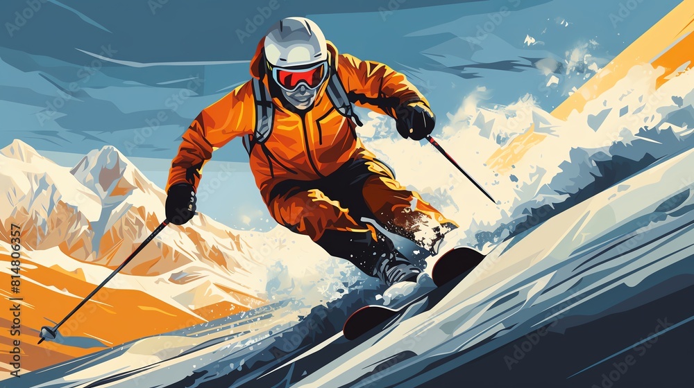 Skier in an orange jacket and white helmet is skiing down a steep slope, surrounded by snow-capped mountains. Sky is blue, Sun is shining