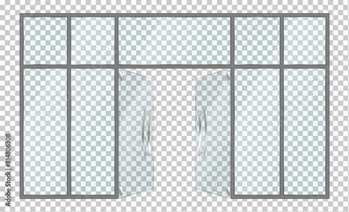 Glass window case of store facade with open door realistic vector illustration. Architecture element 3d object on transparent background