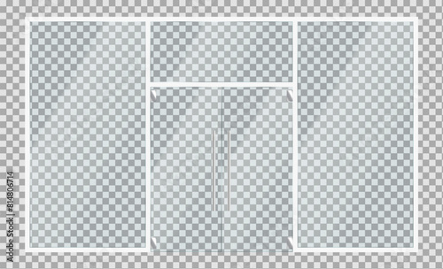 Glass office facade with entrance realistic vector illustration. Minimalist architecture of commercial building 3d object on transparent background
