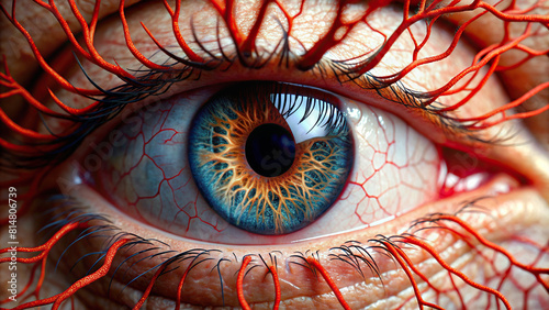 A macro image focusing on the intricate network of blood vessels in the sclera, showcasing the body's amazing design. © artsakon