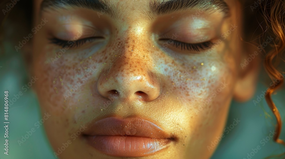 A close-up of a person's face, eyes closed, with a peaceful expression, representing the moment of spiritual awakening. A close-up of a person's face, eyes closed, with a peaceful expression, representing the moment of spiritual awakening.