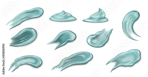 Blue cream smear set. Natural moisturizing gel for skin care. Realistic 3D texture cosmetic spot milk or sunscreen texture. Vector illustration smooth drop moisturizer for body, facial moisturing