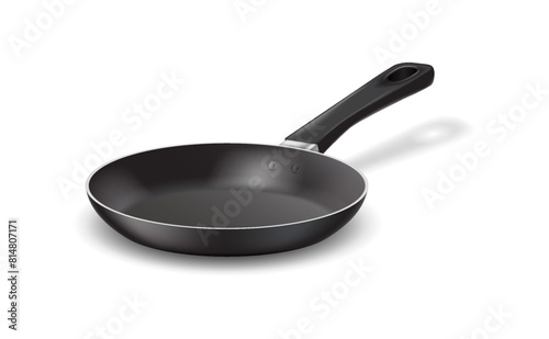 Nonstick frying pan with handle realistic vector illustration. Kitchen dishware design. Food preparation equipment 3d object on white background
