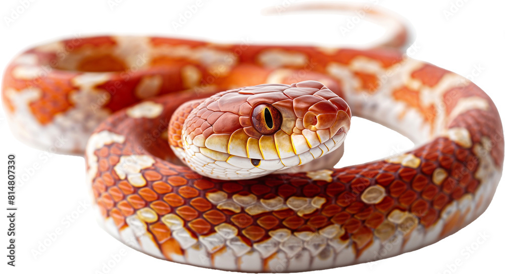 A coiled orange, red, and white snake with striking eyes and intricate scale patterns.
A coiled orange, red, and white snake with striking eyes and intricate scale patterns.