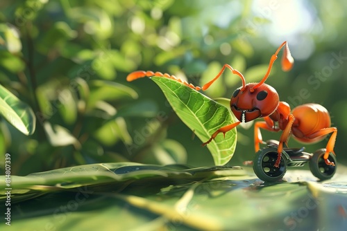 The image shows a red ant with wheels instead of legs, the ant is also wearing a helmet and has a leaf in its 