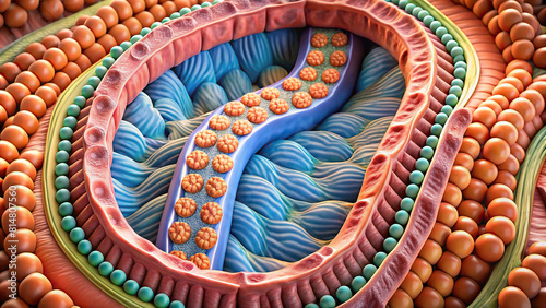 Magnified image showing nutrient molecules passing through small intestine's villi  photo