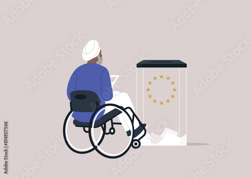 A Citizen Casting Vote at Accessible Ballot Box, A determined voter in a wheelchair engages in democracy by submitting a ballot