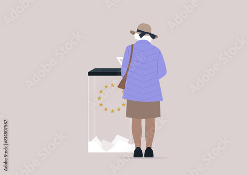 Casting the Vote, Civic Duty in Serene Solitude, A solitary figure partakes in the act of democracy, placing a vote into a ballot box
