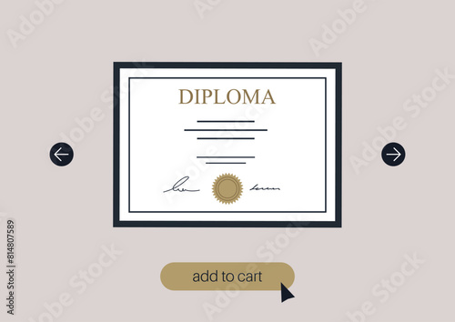 Online education, A framed diploma showcased in the internet store with an invitation to purchase