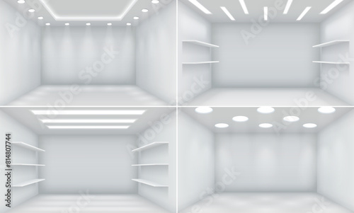 Empty stores premises realistic 3d illustration set. Shops enclosure templates. Minimalist show rooms interior vector background collections