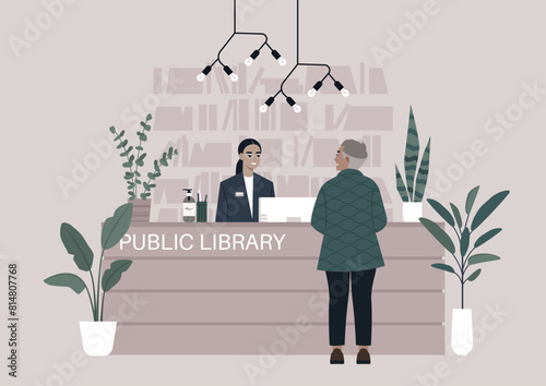 Serene Encounter at the Public Library Reception, A patron interacts with a smiling librarian behind the reception desk