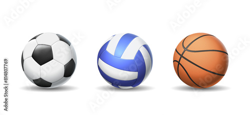 Football, volleyball and basketball balls realistic vector illustration set. Spheric inventory for team games 3d objects on white background
