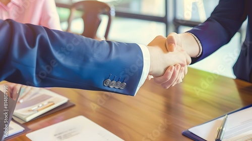 A man and woman shaking hands in a boardroom