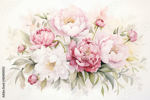 A watercolor an elegant bouquet of peonies and roses  soft pinks and whites.