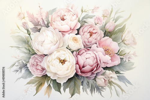 A watercolor wedding card featuring an elegant bouquet of peonies and roses  soft pinks and whites.