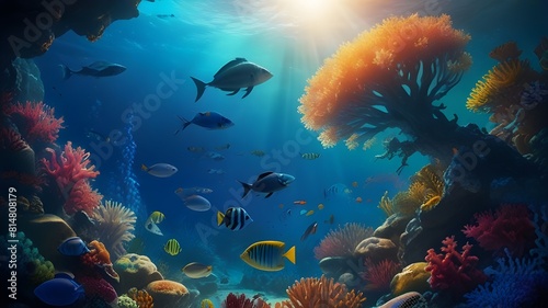a vibrant coral reef teeming with marine life