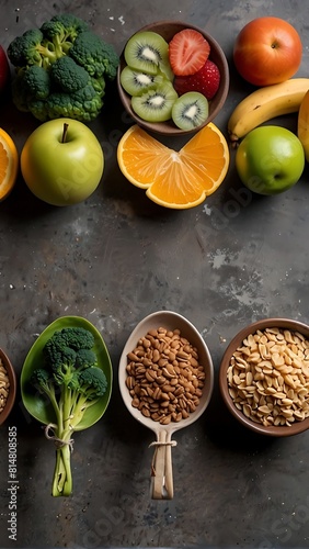 Healthy food clean eating options: fruit, vegetables, grains, superfoods, cereals, leaf vegetables on gray concrete background