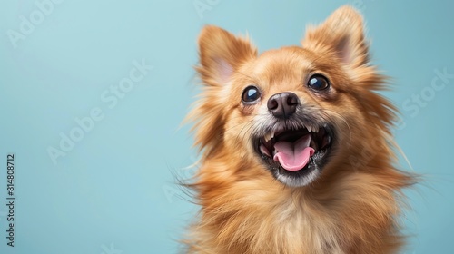 happy laughing cute puppy dog isolated on cyan background photo
