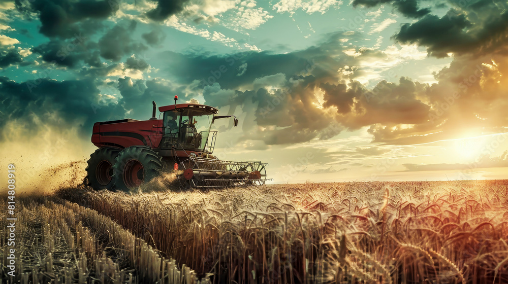 Fototapeta premium A vibrant red combine harvester is in action within a golden wheat field, surrounded by fluctuating stock exchange charts on agricultural products