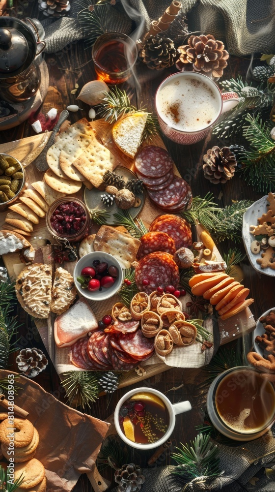 Table with a variety of food and drinks. Food background. Vertical background