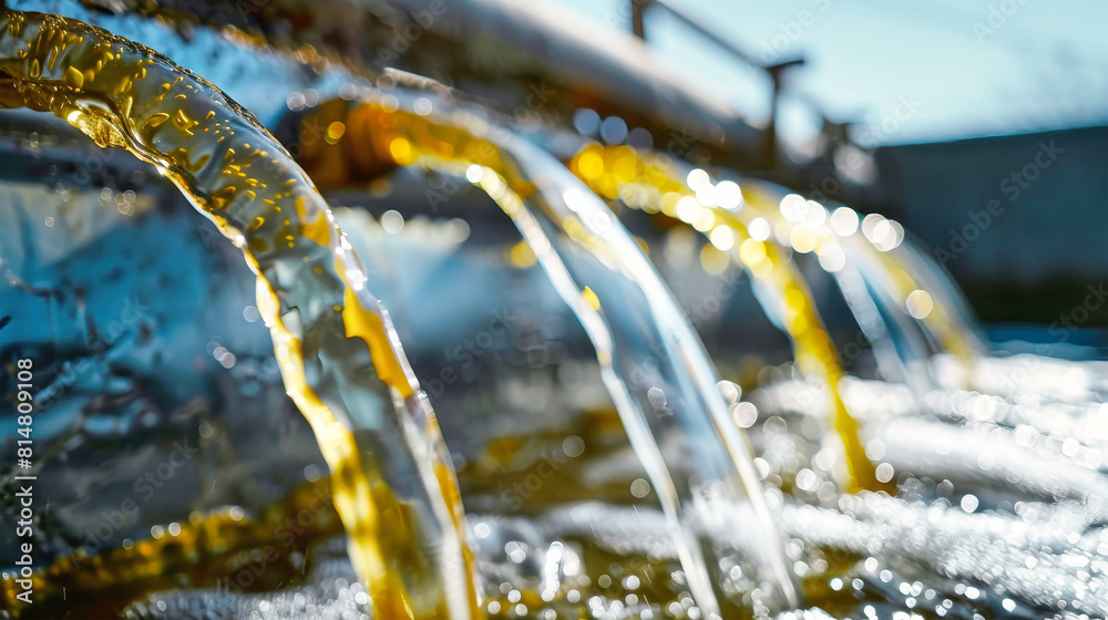 A steady stream of oil flows gracefully out of a pipe, reflecting the industrial process of water treatment and the impact on ecology A steady stream of oil flows gracefully out of a pipe, reflecting the industrial process of water treatment and the impact on ecology