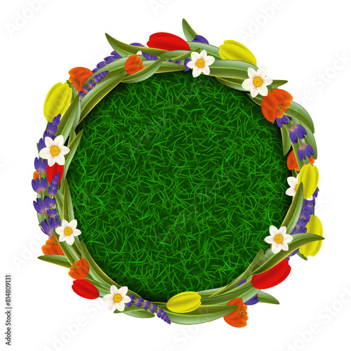 Wreath of spring flowers with grass. Frame isolated on white background. Stock vector mockup