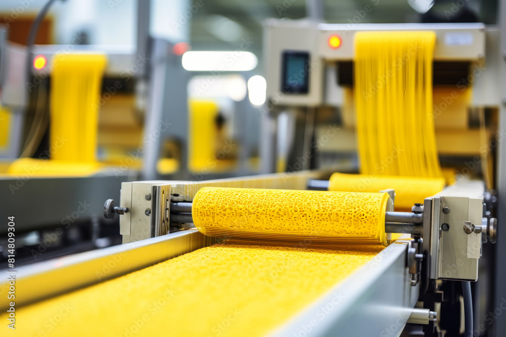 A roll of vibrant yellow fabric travels along a conveyor belt in a pasta factory A roll of vibrant yellow fabric travels along a conveyor belt in a pasta factory