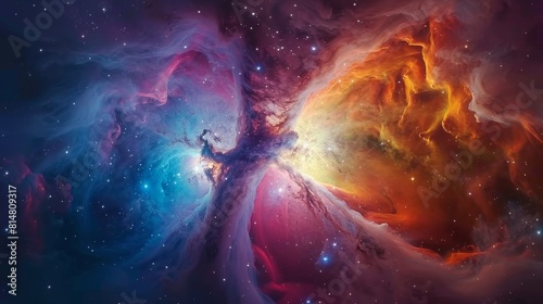 An awe-inspiring image of the Orion Nebula, revealing the glowing gas clouds and newborn stars in this stellar nursery.