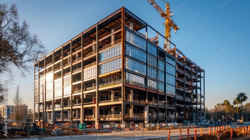 Construction site with crane lifting steel beams into place It shows the skeleton of the new building. Construction site with crane lifting steel beams into place It shows the skeleton of the new building.