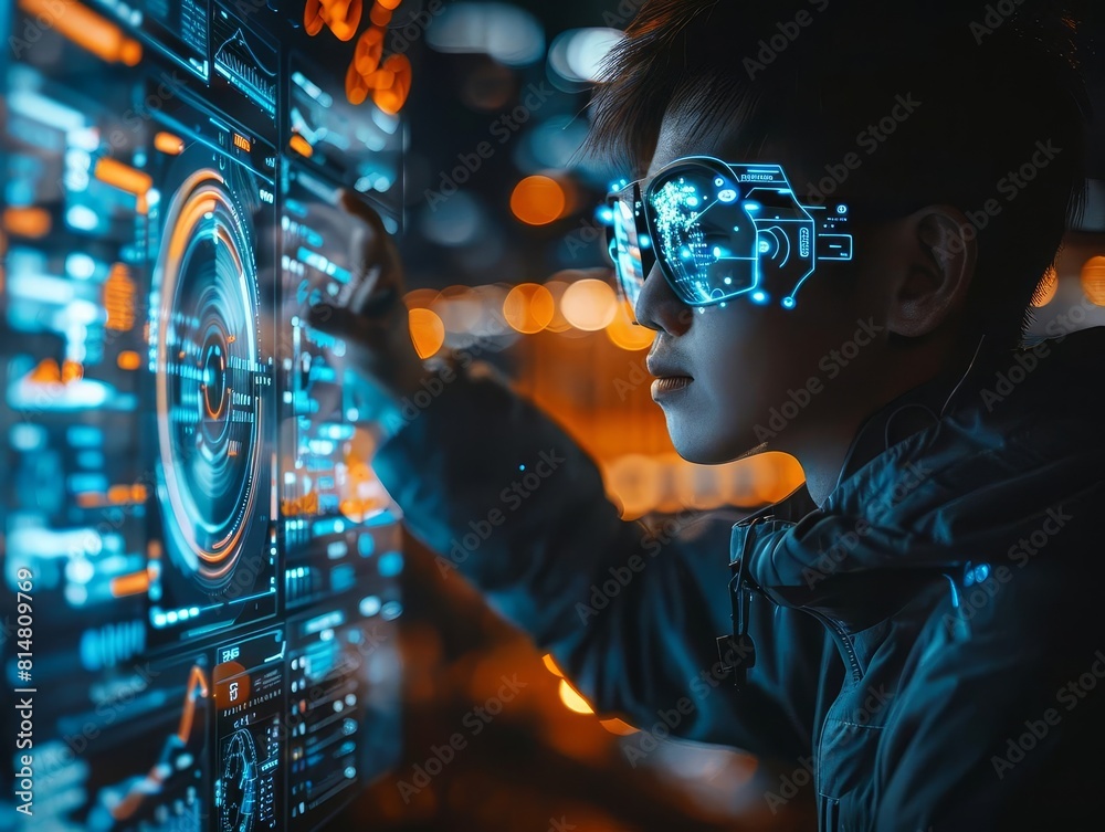 Naklejka premium A young man wearing augmented reality glasses works on a futuristic interface.