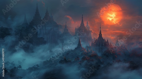 Through a veil of mist  an ancient  mystical temple emerges  its spires reaching towards the sky in an ethereal  otherworldly display of grandeur.