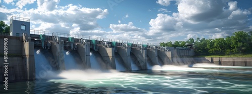 Hydroelectric dam generating clean electricity from flowing river water in scenic landscape with photo