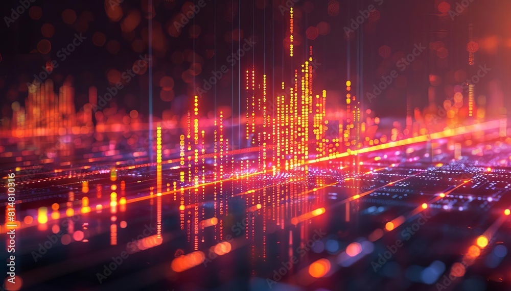 Fototapeta premium A glowing orange and purple circuit board with binary code in the background.