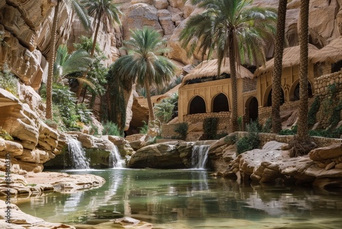 Serene Hidden Oasis with Ancient Sculptures and Lush Palms