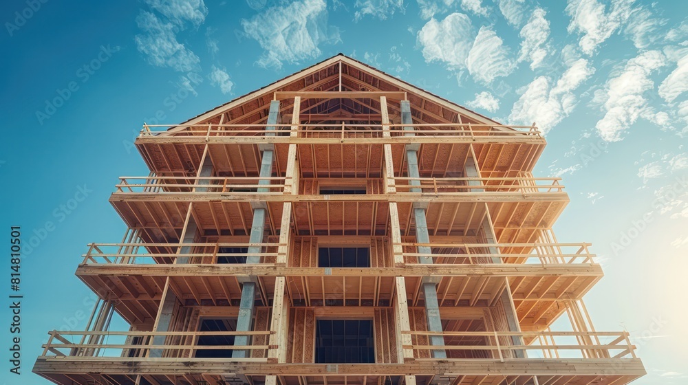 Obraz premium Partially built house with visible timber frame and scaffolding. Focus on progress.