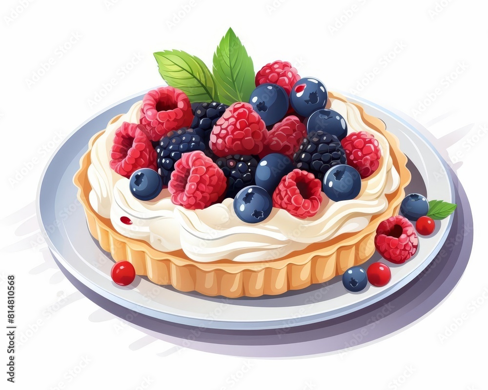 Fresh and delicious berries tart with cream filling on white plate isolated on white background. Fresh and delicious berries tart with cream filling on white plate isolated on white background.