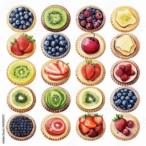 Various delicious fruit tarts with fresh berries and kiwi slices isolated on white background.