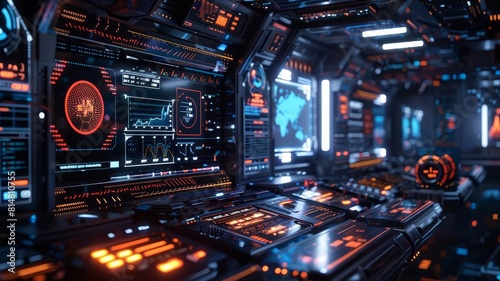 Fototapeta Naklejka Na Ścianę i Meble -  Futuristic spaceship cockpit interior with control panels, screens, and navigation systems.