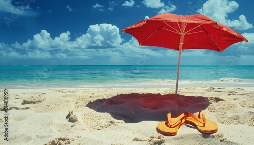 Red Umbrella and Flip Flops on Beach Sand with Sea in Background photo
