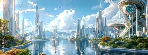 Visionary Futuristic City Powered by Clean Renewable Energy Stunning 3D Panoramic photo