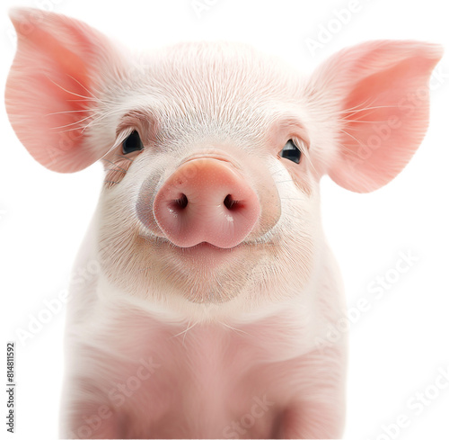 A close-up of a cute piglet with pink ears and a pink snout.
