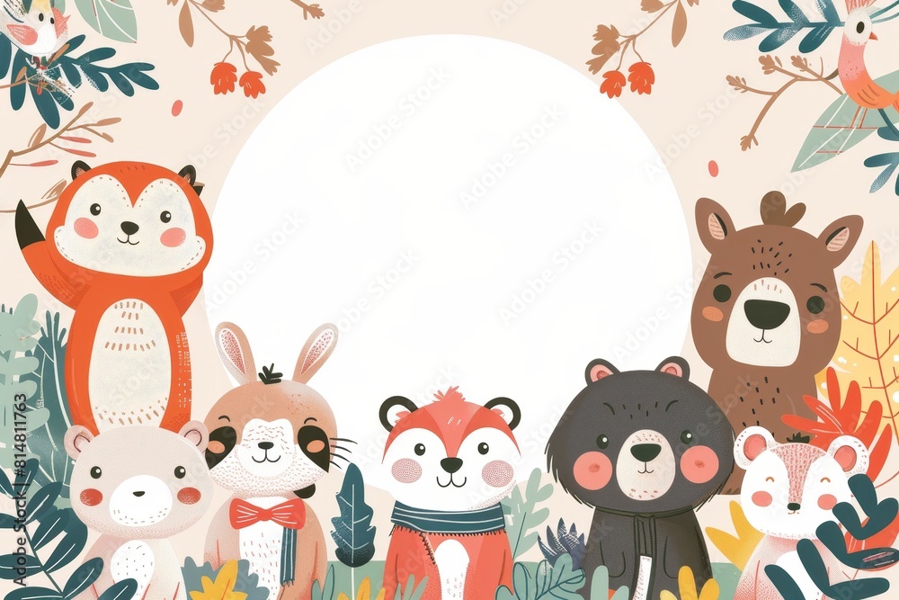 A white circle in the center of an illustration surrounded by cartoon animals wearing business attire. A white circle in the center of an illustration surrounded by cartoon animals wearing business attire.