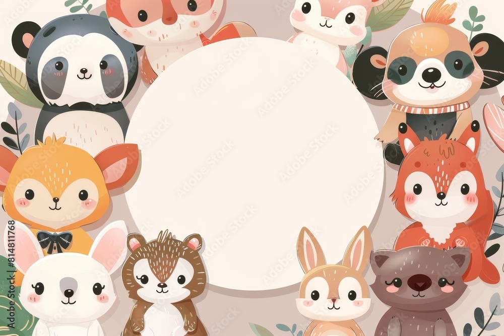 A white circle in the center of an illustration surrounded by cartoon animals wearing business attire. A white circle in the center of an illustration surrounded by cartoon animals wearing business attire.