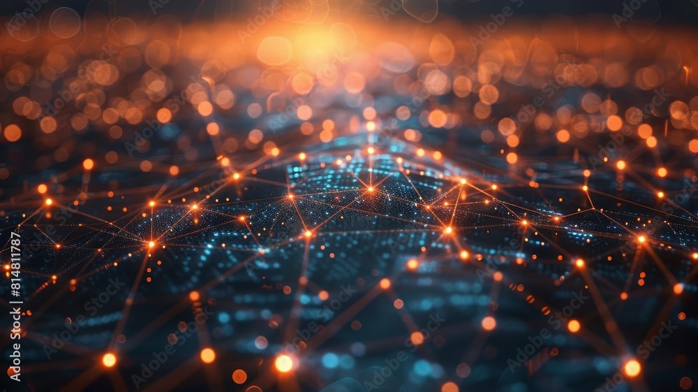 A beautiful glowing network of orange and blue dots and lines representing a futuristic technology. A beautiful glowing network of orange and blue dots and lines representing a futuristic technology.