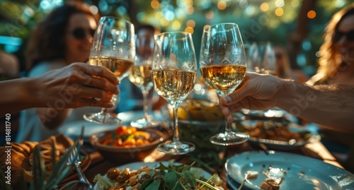 Friends toasting with wine glasses at a lively outdoor dinner party