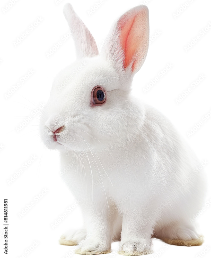 A white rabbit with pink ears and eyes sitting attentively.
A white rabbit with pink ears and eyes sitting attentively.