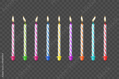 Birthday cake candles with burning flames isolated on transparent background. Vector