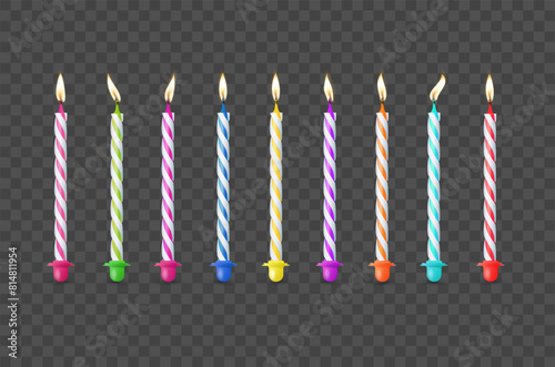 Birthday cake candles with burning flames isolated on transparent background. Vector