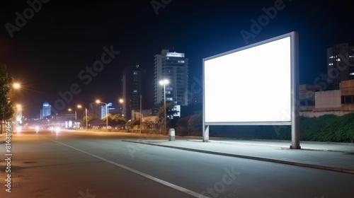 Blank white billboard on a night city view backgroung.