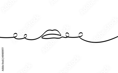 One line drawing of lips. Concept lineart simple symbol for lipstick. Horizontal banner for poster, makeup. Isolated editable stroke. Hand Drawn Vector Illustration. Smiling mouth contour in Doodle st (ID: 814811977)
